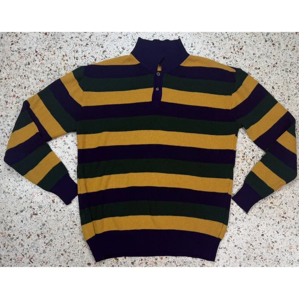 The Hecht Co Rare Vtg‎ Men's Striped Made In Italy 1/4 Button Up Sweater Size L